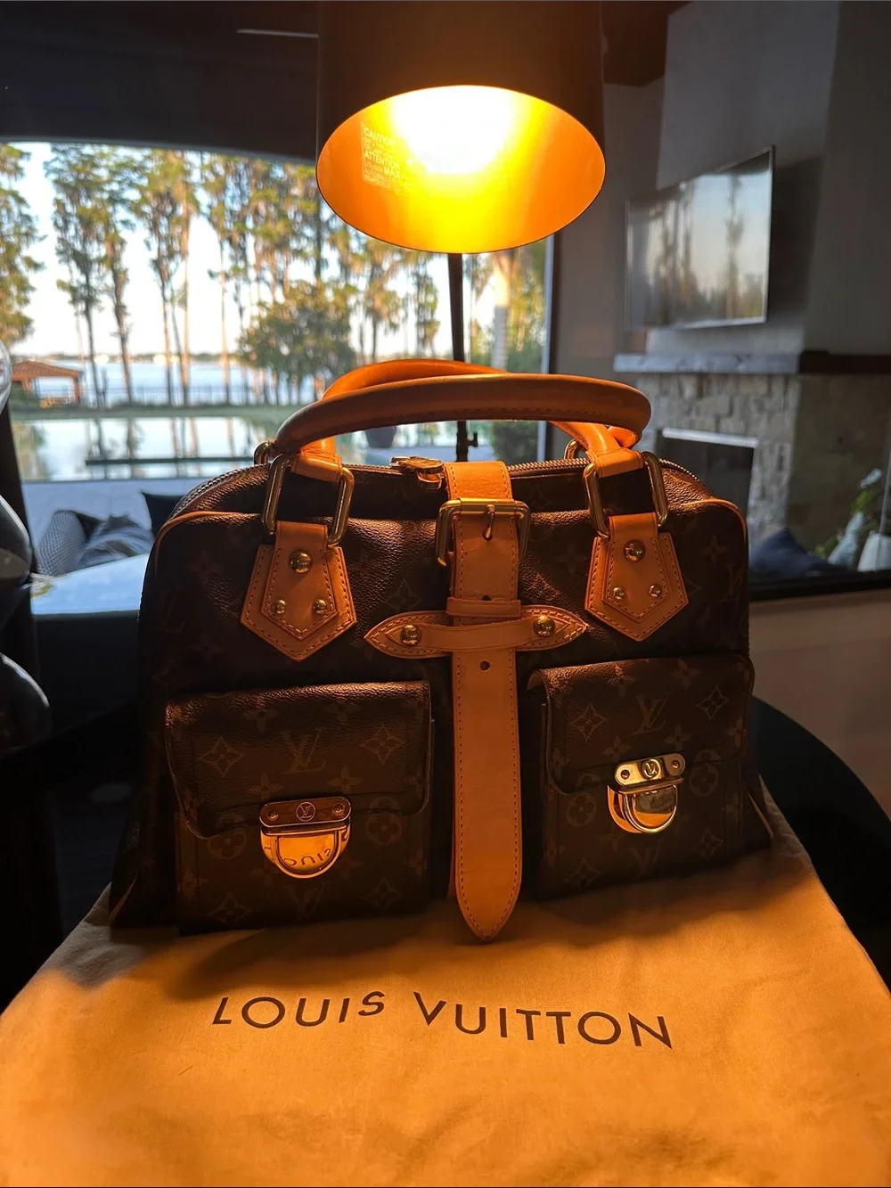 Louis Vuitton Brown Monogram Canvas Top-Handle Bag with Tan Leather Trim